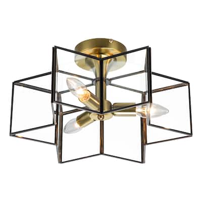 3-Light 15in Copper Semi-Flush Mount with Clear Tempered Glass - Brass and Dark Bronze - W15"xD15"xH8.25"