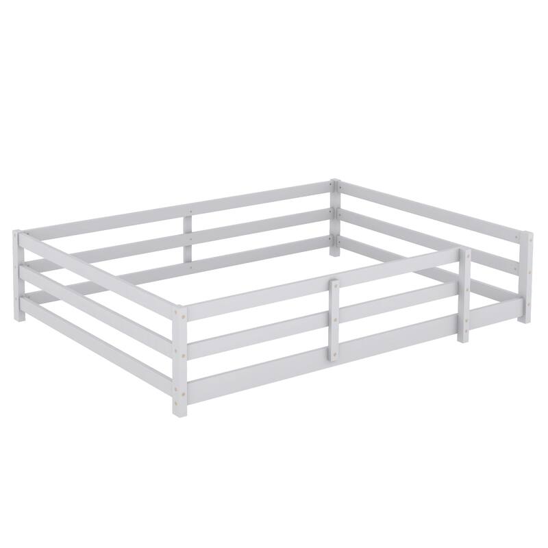Toddler Montessori Bed Kids Floor Bed Frame with Fences, No Slats Wood Frame Bed for Kids Girls Boys Children's Room