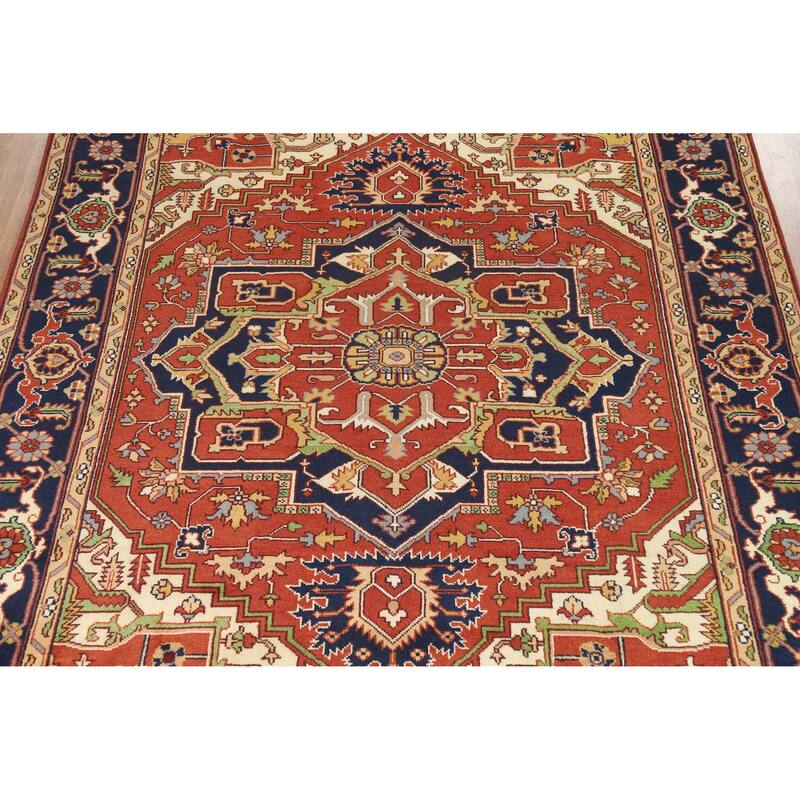 Orange Medallion Heriz Serapi Indian Area Rug Hand-Knotted Wool Carpet - 9'0" x 11'11"