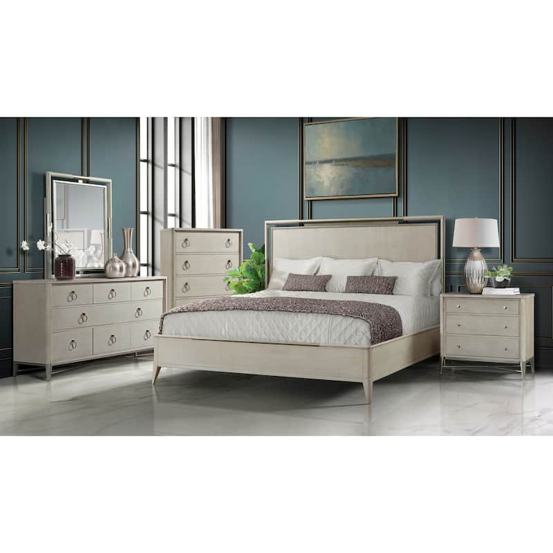 Roundhill Furniture Mantalia Solid Wood Bedroom Set with Metal Frame, Bed, Dresser, Mirror, Nightstand, and Chest, Champagne - King