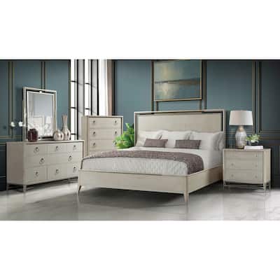 Roundhill Furniture Mantalia Solid Wood Bedroom Set with Metal Frame, Bed, Dresser, Mirror, Nightstand, and Chest, Champagne