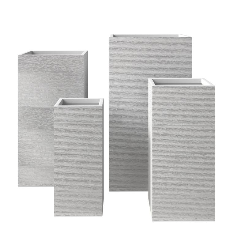 Basalt 4-Piece Tall Square Planter Set, Durable Fiberstone & Clay, Weather-Resistant Indoor/Outdoor Pots with Drainage