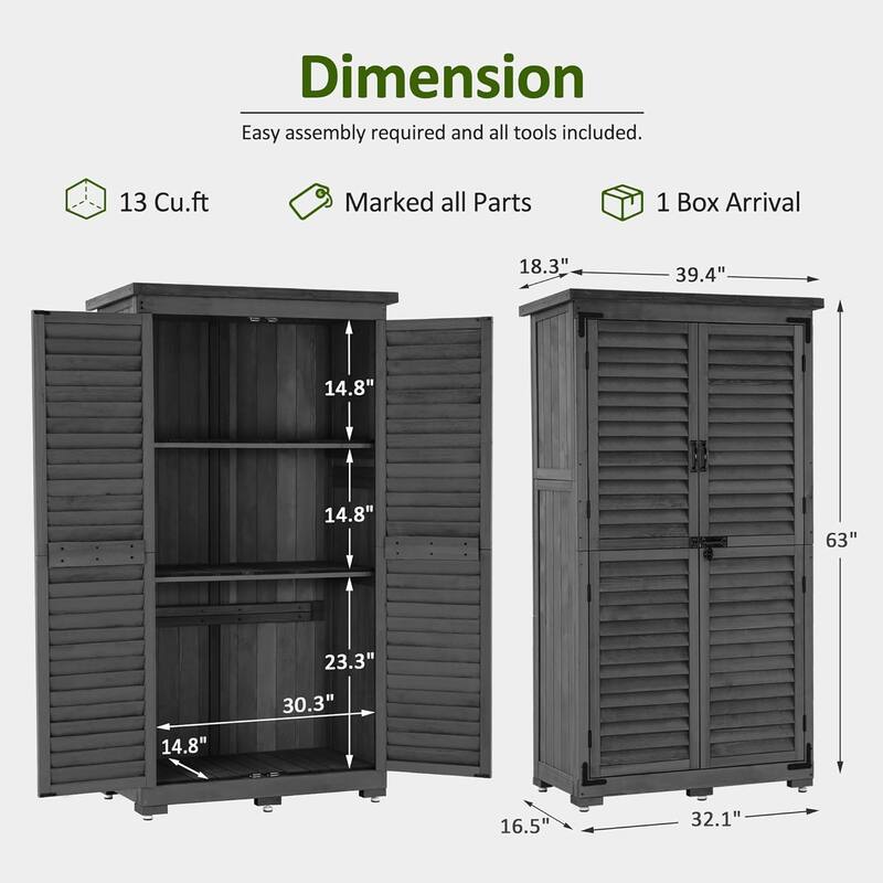 MCombo 63 inch Tall Outdoor Storage Tool Cabinet Shed with Lock for Yard (34.3" L x 18.3" W x 63" H), Wooden 0870