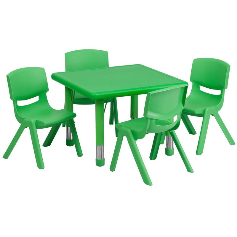 24" Square Plastic Height Adjustable Activity Table Set with 2 or 4 Chairs - 4 chairs - Green