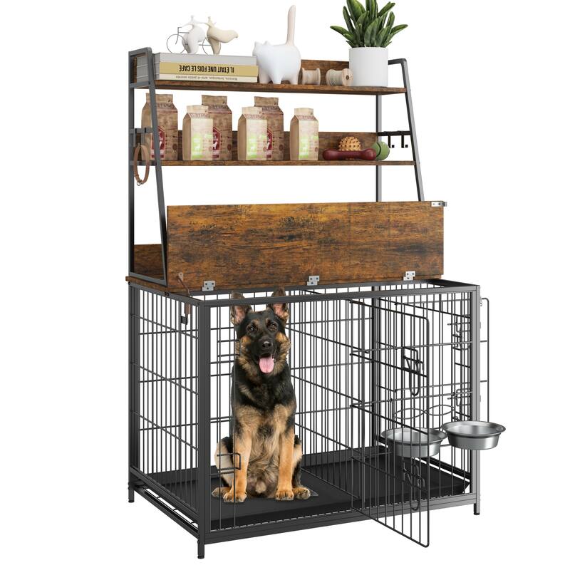 Dog Crate Furniture with Storage Shelves Removable Tray - Brown