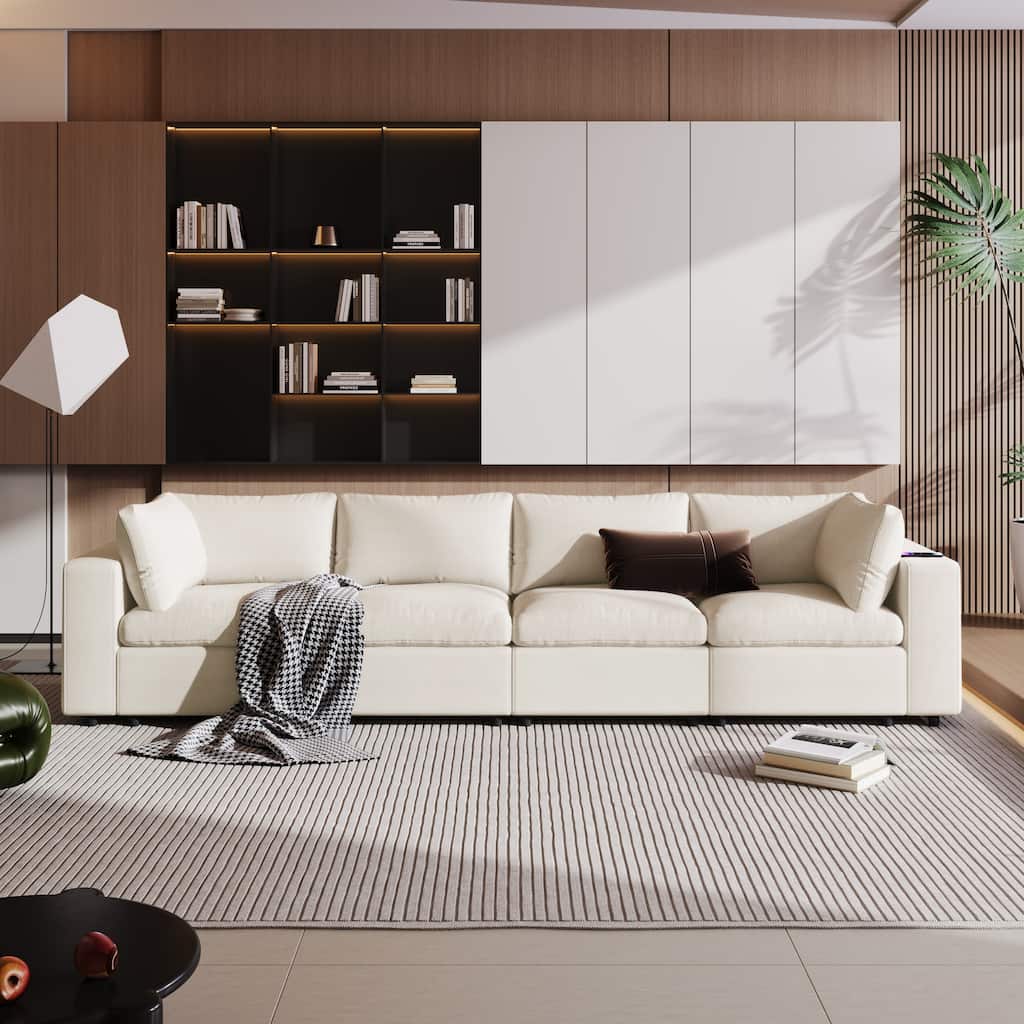 133.9" Polyester U-Shaped Modular Sectional Sofa with Bluetooth & USB