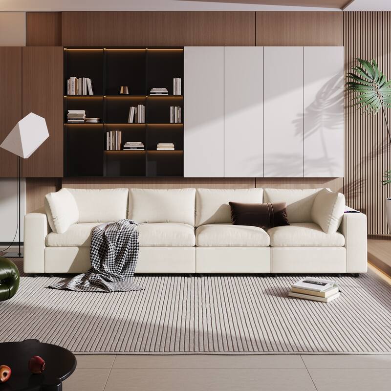 Upholstered Modular Sofa with Storage Space and USB Charge Ports, Sectional sofa Recliner Sofa with Wireless Charging - Beige