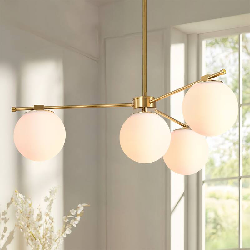 4-Light Mid-Century Modern Gold Metal Globe Pendant Light - Frosted Glass Sphere Fixture for Dining Room - 4 Light