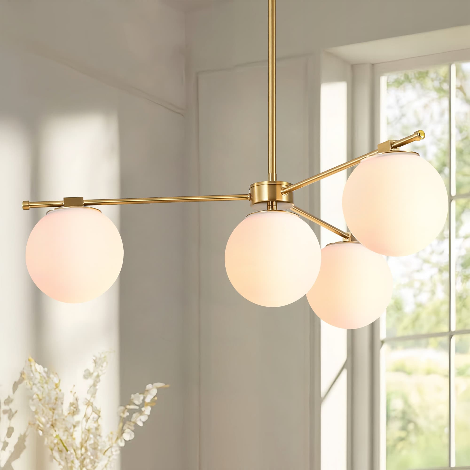 Rennnsan 4-Light Mid-Century Modern Gold Metal Globe Pendant Light - Frosted Glass Sphere Fixture for Dining Room - 4 Light