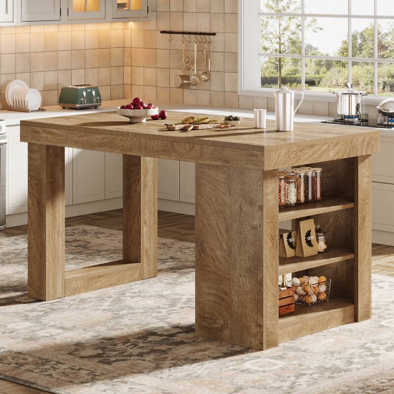 55 Inch Wood Kitchen Island with Storage, Stationary Island Table with Large Worktop for Kitchen, Dining Room, Living Room