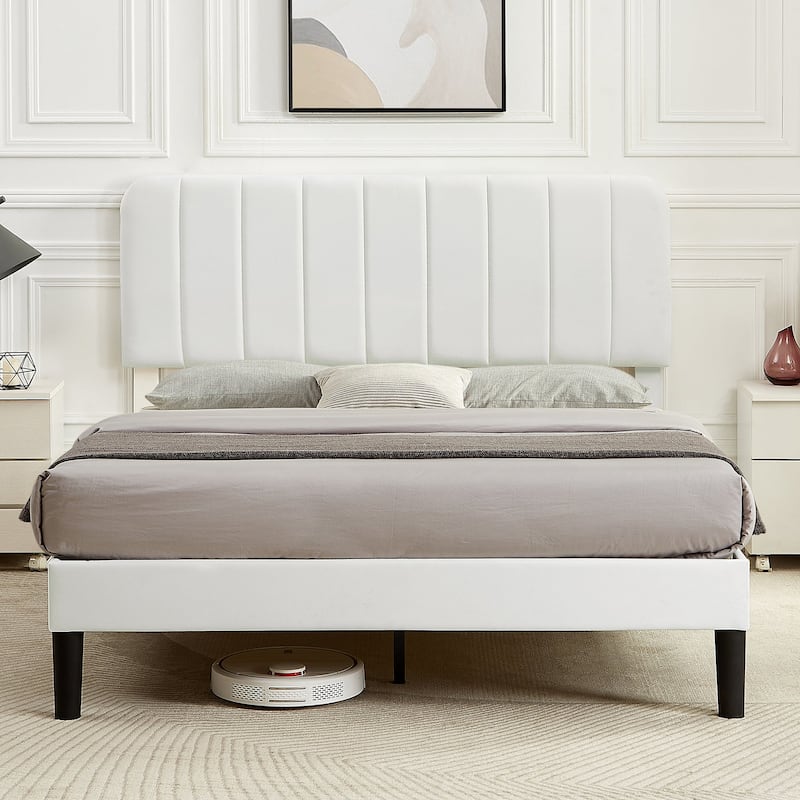 Javlergo Upholstered Adjustable Headboard Velvet Platform Bed Quiet Heavy-Duty Bed Frame No Box Spring Needed