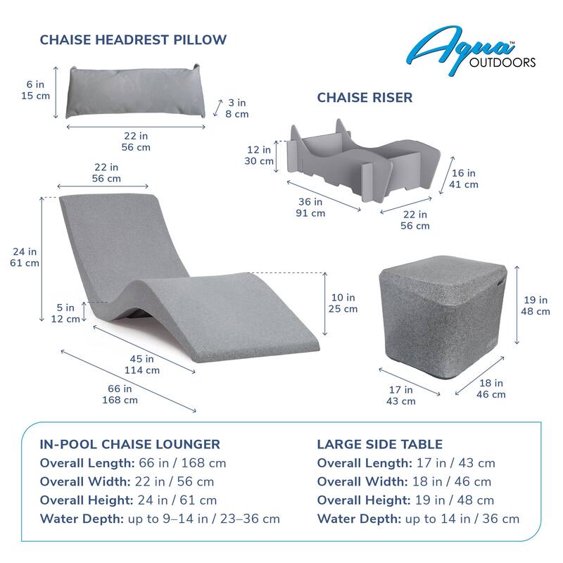 Aqua Outdoors inPool Chaise Set-Two Chaises-Two Pillows-Two Chaise Risers-One Large in Pool Side Table - ledges 9"-14"in Deep