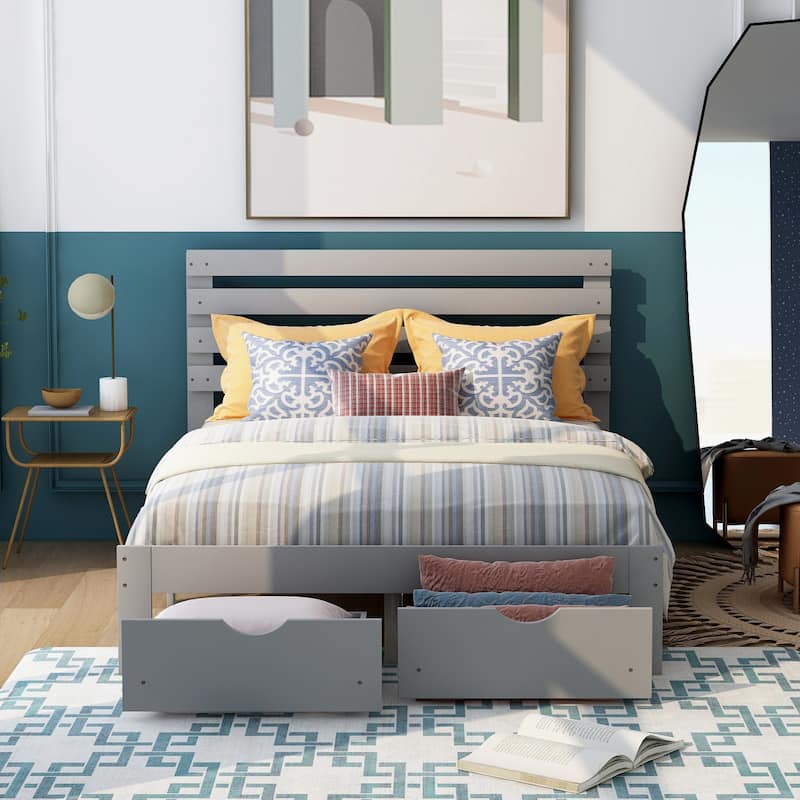 Full Size Platform Bed with Drawers, Solid Pine Wood & Wood Slat