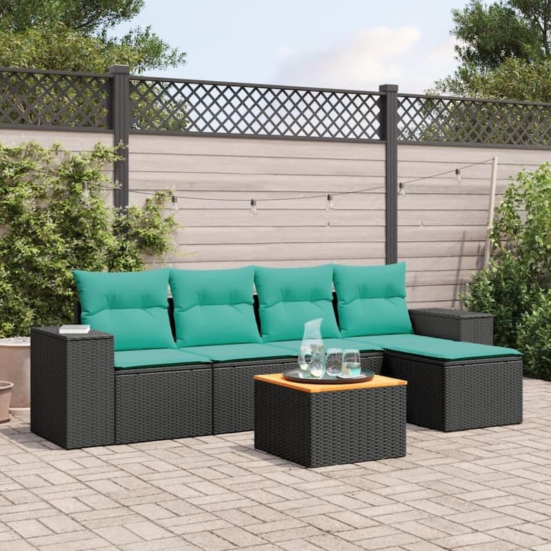 vidaXL 6 Piece Patio Sofa Set with Cushions Black Poly Rattan - 21.7" x 24.4" x 27.2"