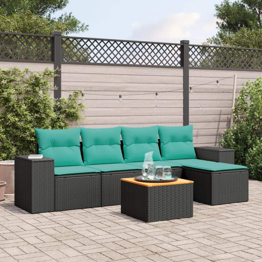 vidaXL 6 Piece Patio Sofa Set with Cushions Black Poly Rattan - 21.7" x 24.4" x 27.2"