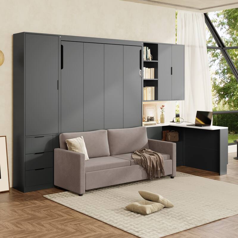 Ultimate Space-Saving Queen Wall Bed with Corduroy Sofa by Harper&Bright Designs - Grey