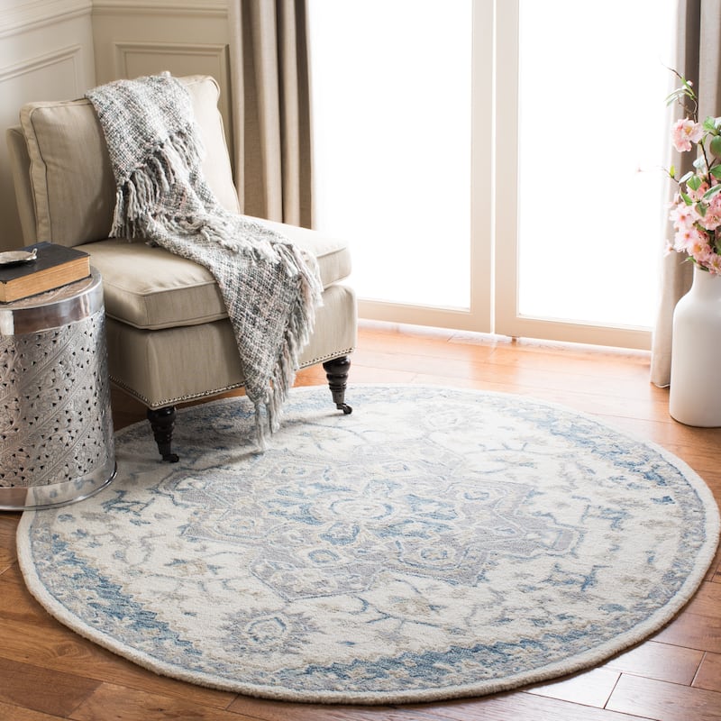 SAFAVIEH Handmade Micro-Loop Gulseven Medallion Wool Rug - 7' Round - Ivory/Navy