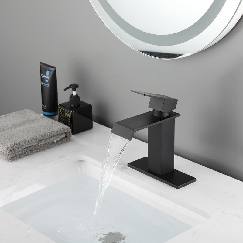 Modern Single Handle Waterfall Hand Bathroom Sink Faucet with Waterfall Spout Design, Corrosion and Rust Resistant - Black