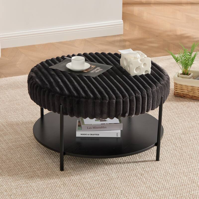 30.9"W Upholstered Coffee Table Ottoman,Round Coffee Table Bench with Storage Shelf and Metal Legs