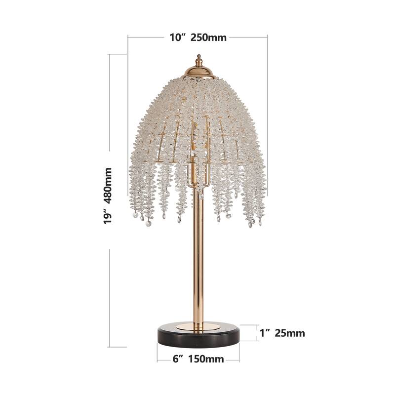 19"(H) Elegant Crystal Table Lamp - Vintage Waterfall Design with Crystal Bead String Shades and Marble Textured Base