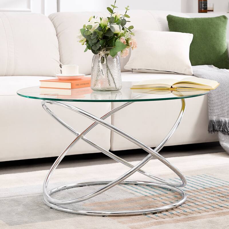 Tempered Glass Top Round Coffee Table with Metal Base - 31.5"Dia Top x 17.7"H x 23.6"Dia Base
