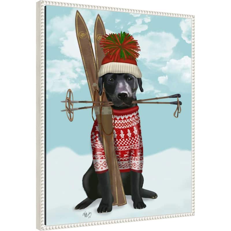 Black Labrador Skiing by Fab Funky (23 x 28 in.), Framed Canvas Wall Art Print - Sylvie Beaded White
