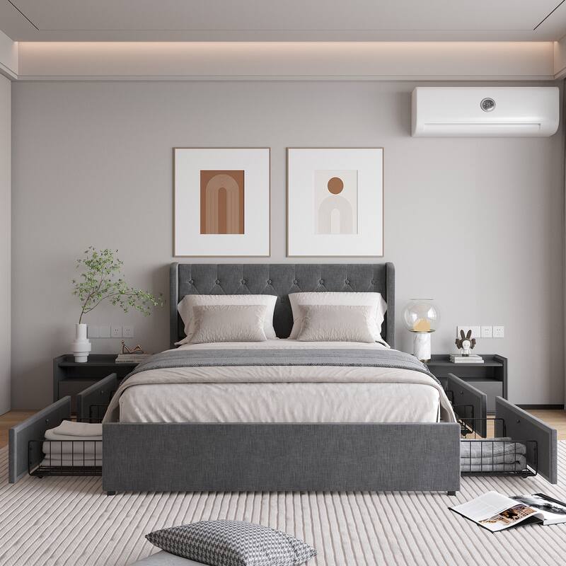 Grey Queen Size Upholstered Bed with Wingback Headboard, 4 Storage Drawers, Button Tufted Design