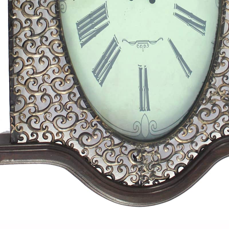 Wall Clock with Scalloped Wooden Top and Bottom, Brown