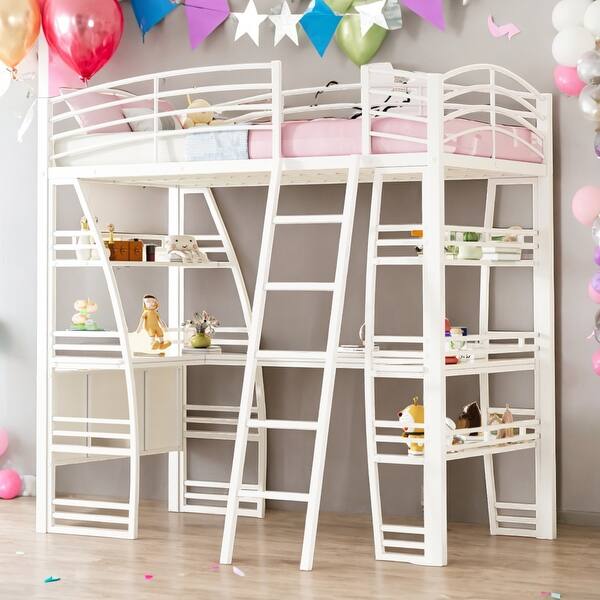slide 2 of 17, Twin Size Loft Bed With Shelves,Desk,Sockets,USB Ports,Wireless Charging White