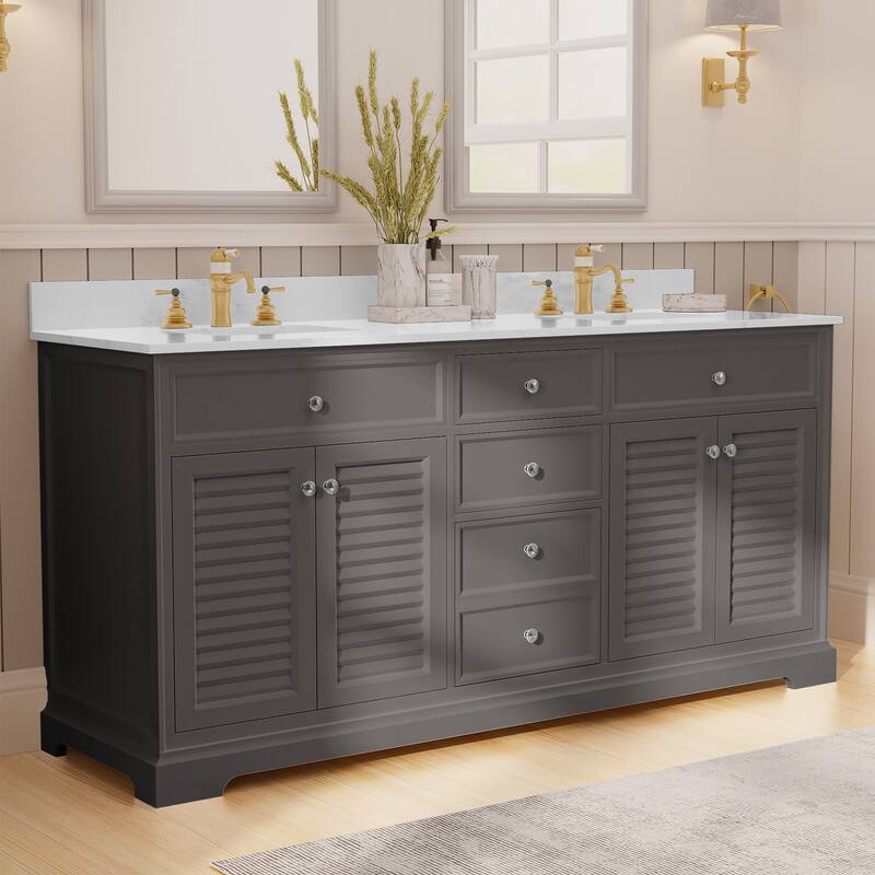 72-Inch Solid Wood Double Sink Bathroom Vanity with Louvered Doors – Classic Coastal Style and Ample Storage