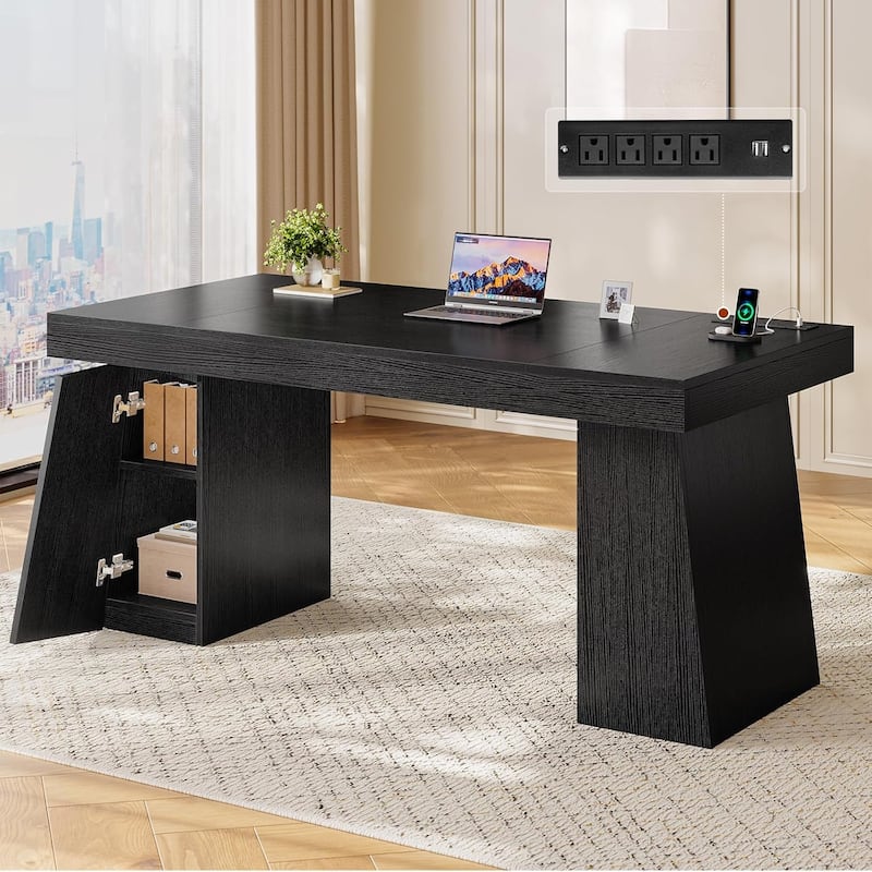 Executive Desk with Power Outlets Home Office Desk Storage Shelves Cabinet - Storage Cabinet