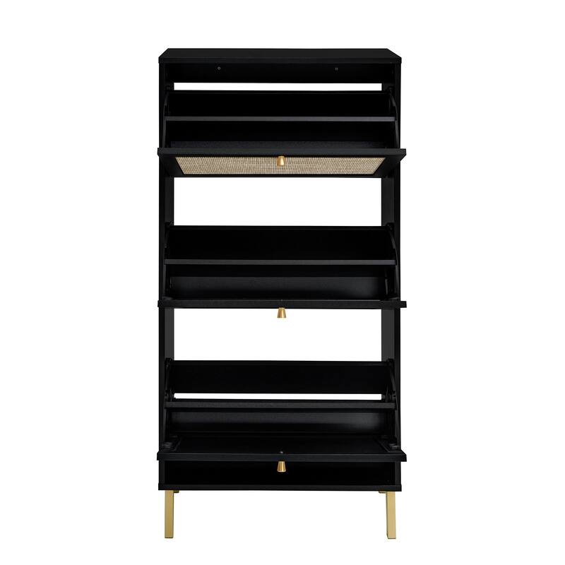 Shoe Storage Cabinet with 3 Flip Drawers, Freestanding 3-Tier Shoe Rack, Slim Shoe Organizer with Half Round Woven Rattan Doors