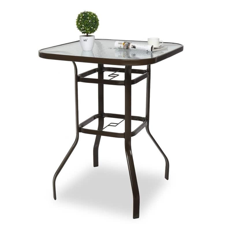31.5 Inch Square Outdoor Bar Height Table with Tempered Glass Tabletop & Umbrella Hole - N/A - Brown