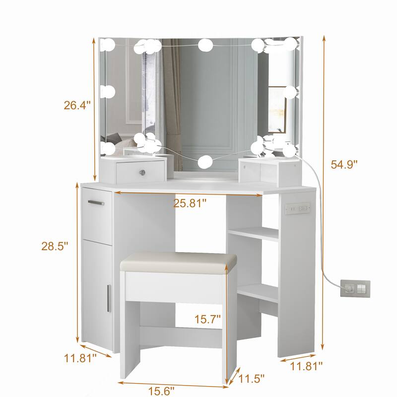 Corner Vanity Mirror with Lights and Table Set & Power Outlet