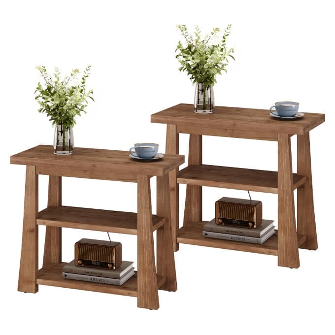 27.55" Solid Wood End Table, Nightstand with 3-Tier Open Shelves