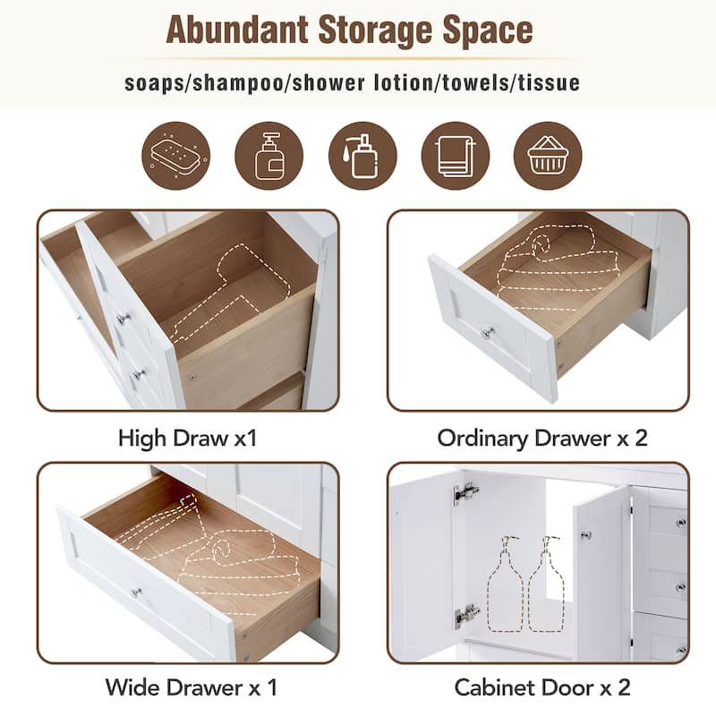 36" Shaker-Style Bathroom Vanity – Freestanding Cabinet with Ceramic Sink, 4 Soft-Close Drawers & 2 Doors‌