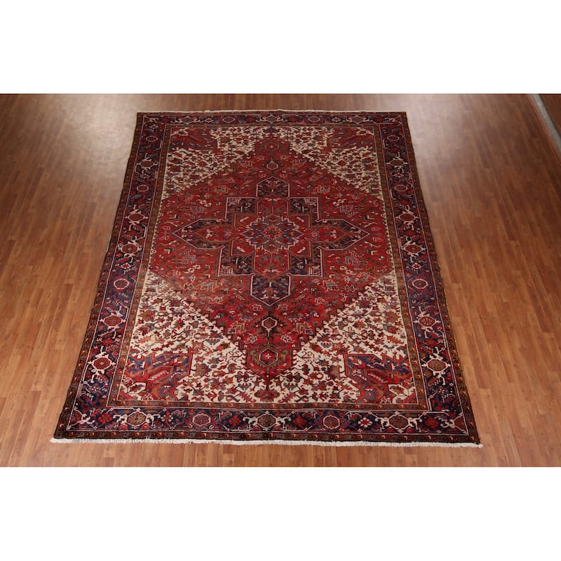 Geometric Heriz Vintage Persian Area Rug Hand-Knotted Wool Carpet - 10'4" x 12'9"