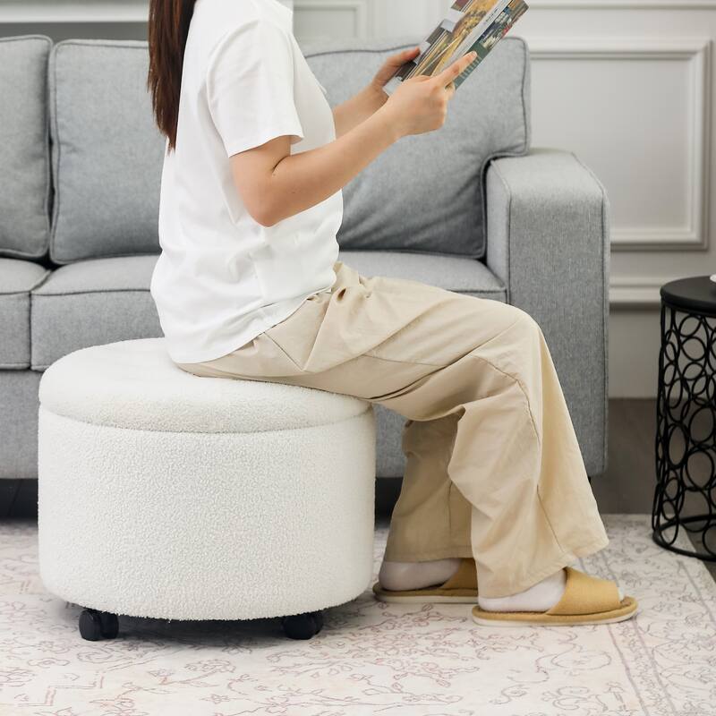 Adeco 20" Wide Button Tufted Round Storage Ottoman with Casters