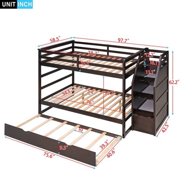 dimension image slide 4 of 5, Solid Wood Bunk Bed with Twin Size Trundle & 3-Step Storage Stairs, Full-Length Guardrail & Slat Support Design, for Kids Adults