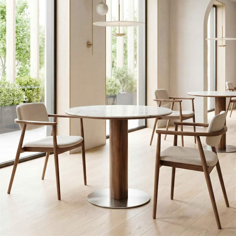 31.5" Solid Wood Round Dining Table for 2-4, Small Circle Kitchen Table with Stainless Steel Pedestal, Sintered Stone Top