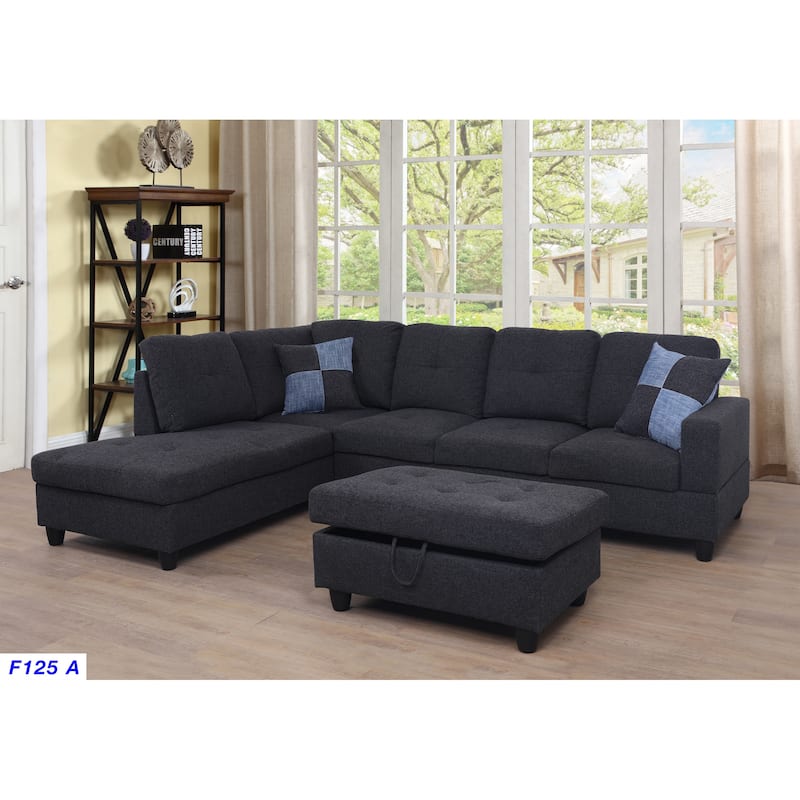 3-Pieces Sectional Sofa Set,Left Facing,Black Grey Linen(125A)