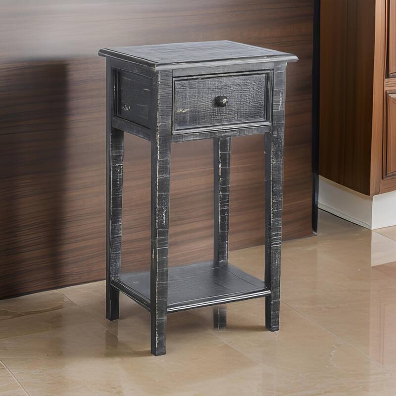 Rena Side End Table with 1 Drawer, 17 Inch Rustic Black Mahogany Wood