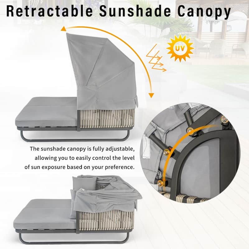 57" Outdoor Rattan Daybed with Canopy and Cushion