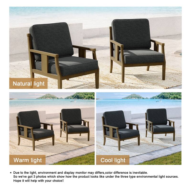 2 Set Brown Wood Outdoor Accent Club Chairs with Water-Resistant Cushions