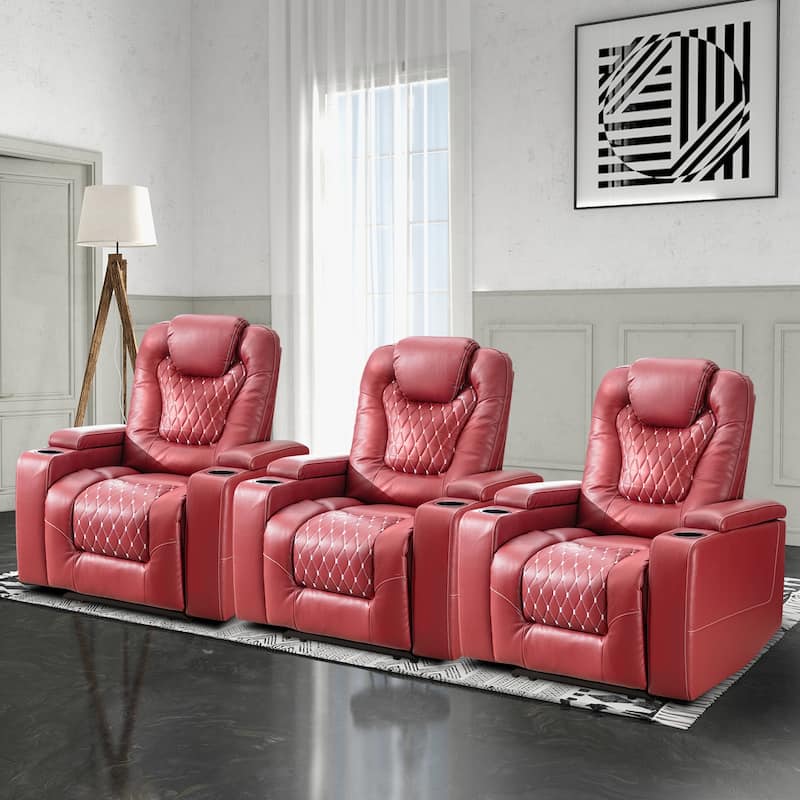 Overstuffed Electric Home Theater Seating PU Leather Reclining Furniture with Hidden Arm Storage - 3seatRed