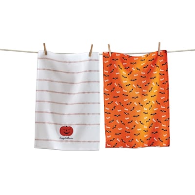 Happy Halloween White & Orange Jack O' Lantern Pumpkin 100% Cotton Waffle Weave Dishtowel Set Of 2
