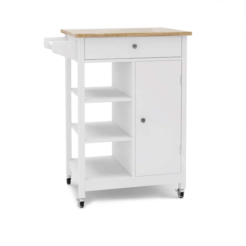 Kitchen Island Cart with Solid Wood Top, Rolling Serving Cart with Drawer, Cabinet, Towel Rack, Open Storage Shelves