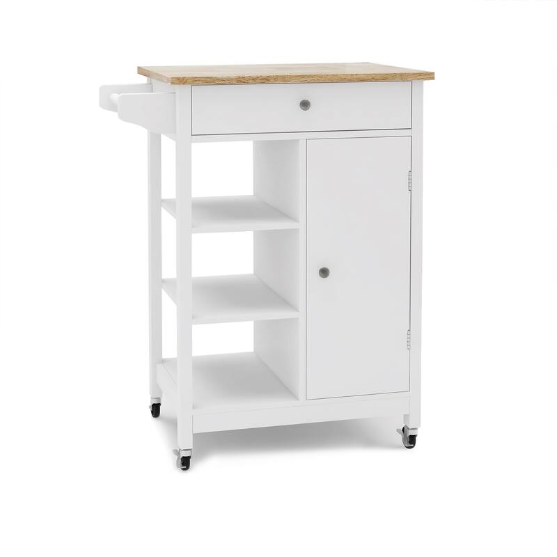 Kitchen Island Trolley Cart with Rubber Wood Table Top Adjustable Shelves Towel and Rack, for Kitchen