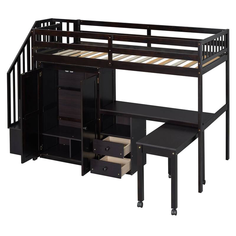 Space-Saving Twin Loft Bed with Playhouse-Inspired Design, Side Storage, Desk, and Wardrobe - Perfect for Kids & Teens