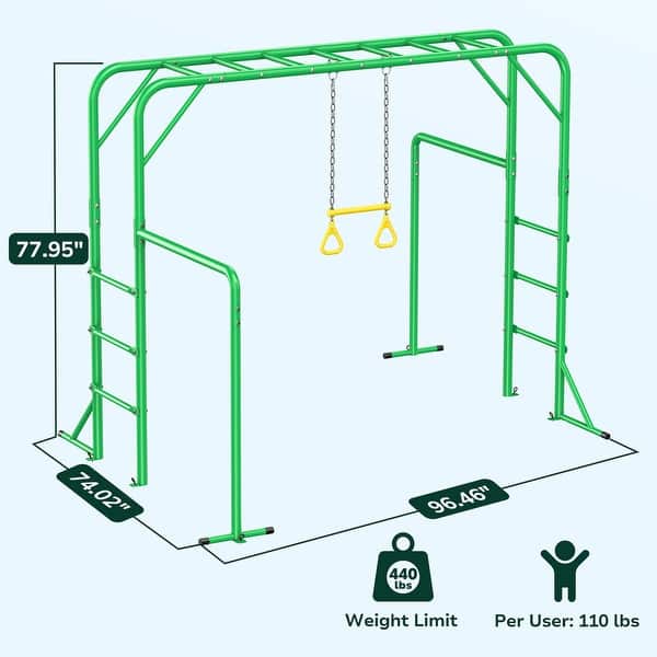 dimension image slide 1 of 3, Hapfan 400lbs 3-in-1 Heavy Duty Metal Monkey Bar Set, Outdoor Playset with Gymnastics Bars & Trapeze Swing for Backyard Outdoor